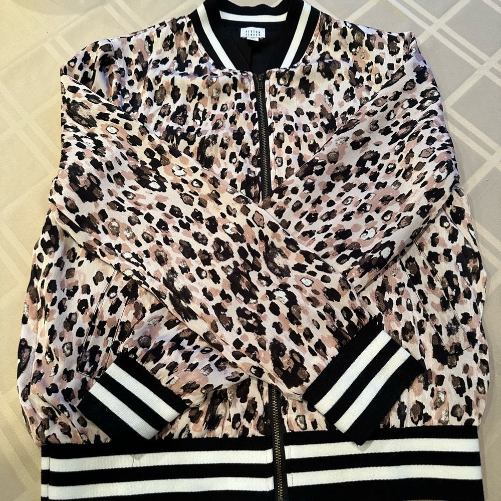Brown and Black Leopard Print Bomber Jacket with Ribbed Accents